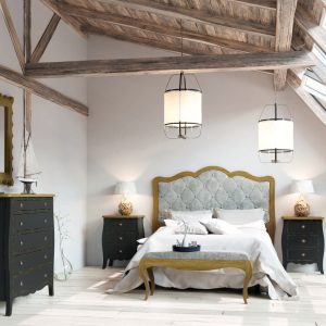 Muebles para dormitorio, aparador, marco espejo, mesitas, cabecero y banqueta, de madera de alta calidad, estilo ovalado. Combinación pulimento y lacado. Vista general.